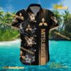 Mitsubishi Logo Print Hibiscus Floral Black Hawaiian Shirt a