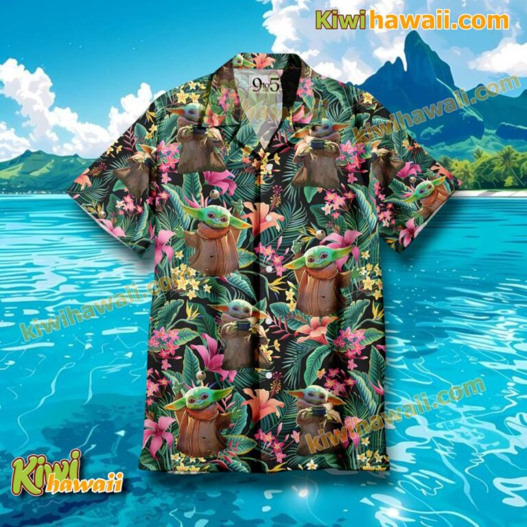 Star Wars Baby Yoda Tropical Leaves And Flowers Hawaiian Shirt & Shorts bI10q7G