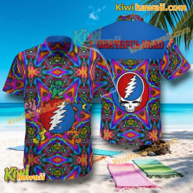 Grateful Dead Steal Your Face Skull Logo Dancing Bears Psychedelic Hawaiian Shirt Q1ZRKBJ