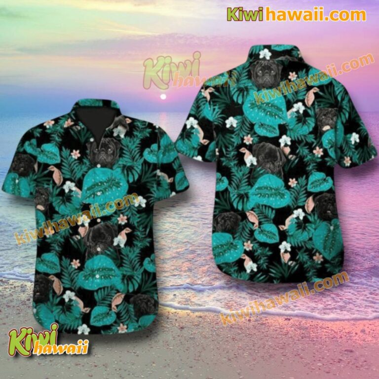 Black Pug Dog Tropical Hawaiian Shirt 8HsmzE3