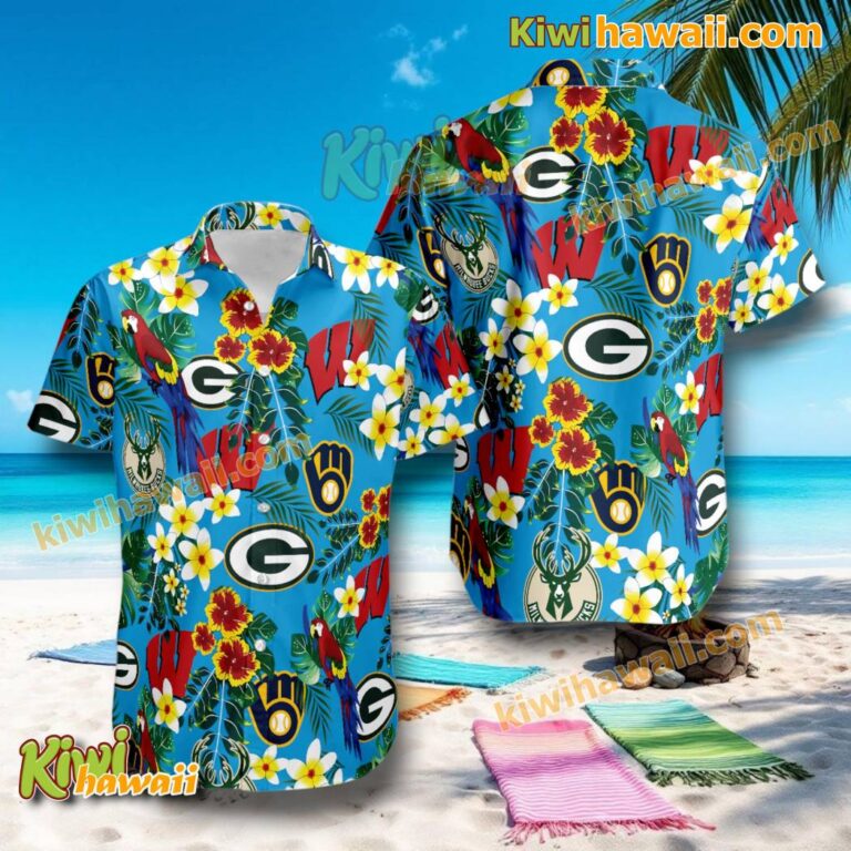 Wisconsin Sports Teams Floral Blue Hawaiian Shirt e8SKTzl