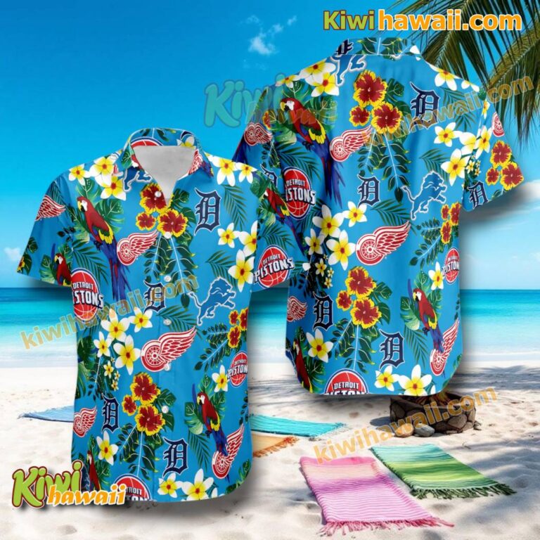 Detroit Sports Teams Floral Blue Hawaiian Shirt AncVWEk