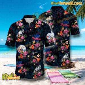 Philadelphia Sport Teams Floral Black Hawaiian Shirt TgM4dNA