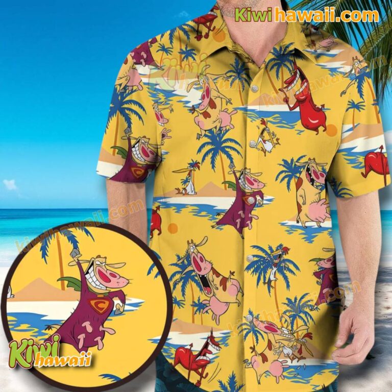 Cow And Chicken And Red Guy Hawaiian Shirt IN28yVX